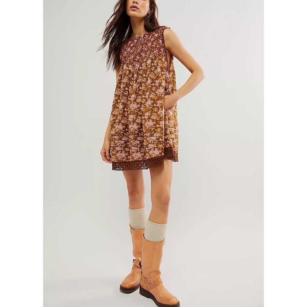 Free People Floral Mini Dress in Brown and Pink